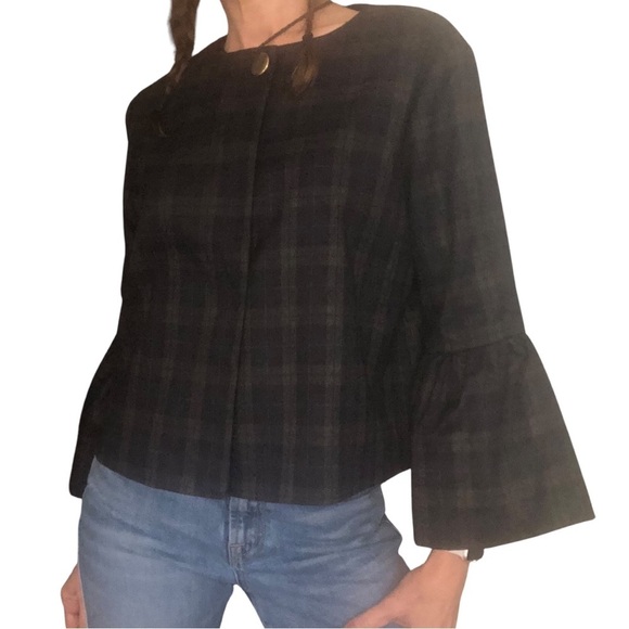 Zara Sz M Plaid Bell 3/4 Sleeve Boxy Blazer Jacket Y2K Preppy Twee Dark Academia - Picture 1 of 9